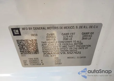 2020 Chevrolet Equinox Fwd Ls z USA, uszkodzony, nr VIN 3GNAXHEV3LS527621